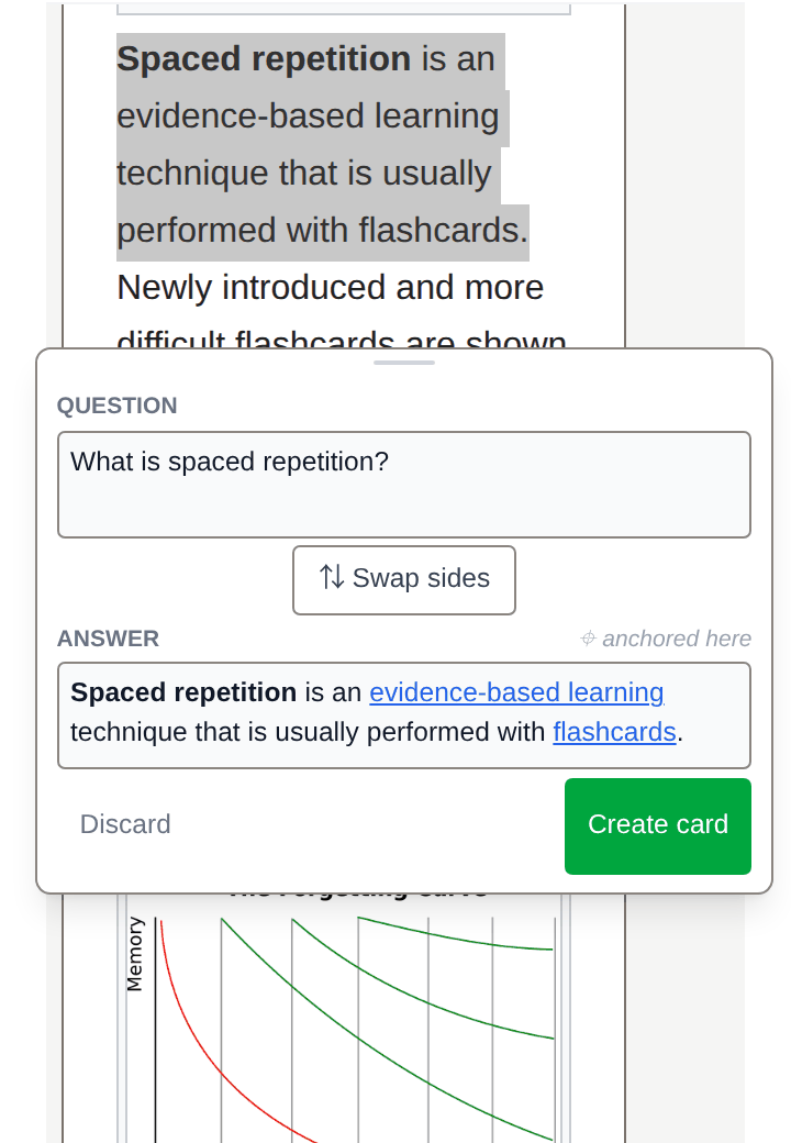 The selected passage becoming a flashcard: a question box and an answer box, with Create card