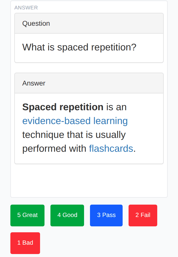 A flashcard in review, its answer shown, with the buttons that grade how well it was remembered