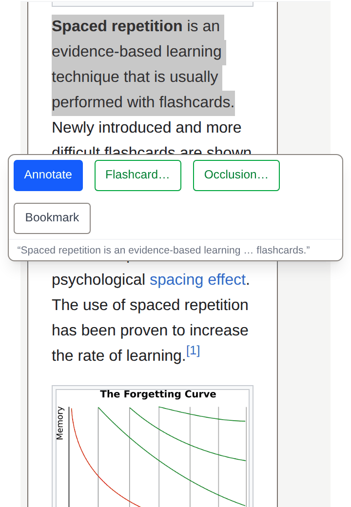 A Wikipedia article open in Buboflash on a phone: a passage is selected, and a bar under it offers Annotate, Flashcard… and Occlusion…