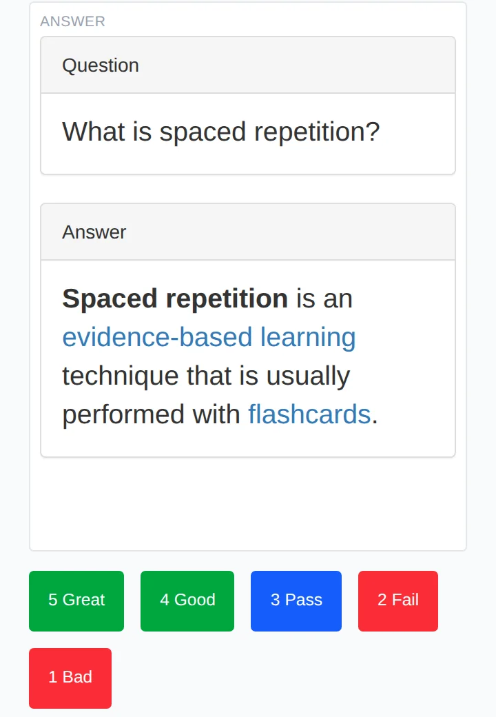 A flashcard in review, its answer shown, with the buttons that grade how well it was remembered
